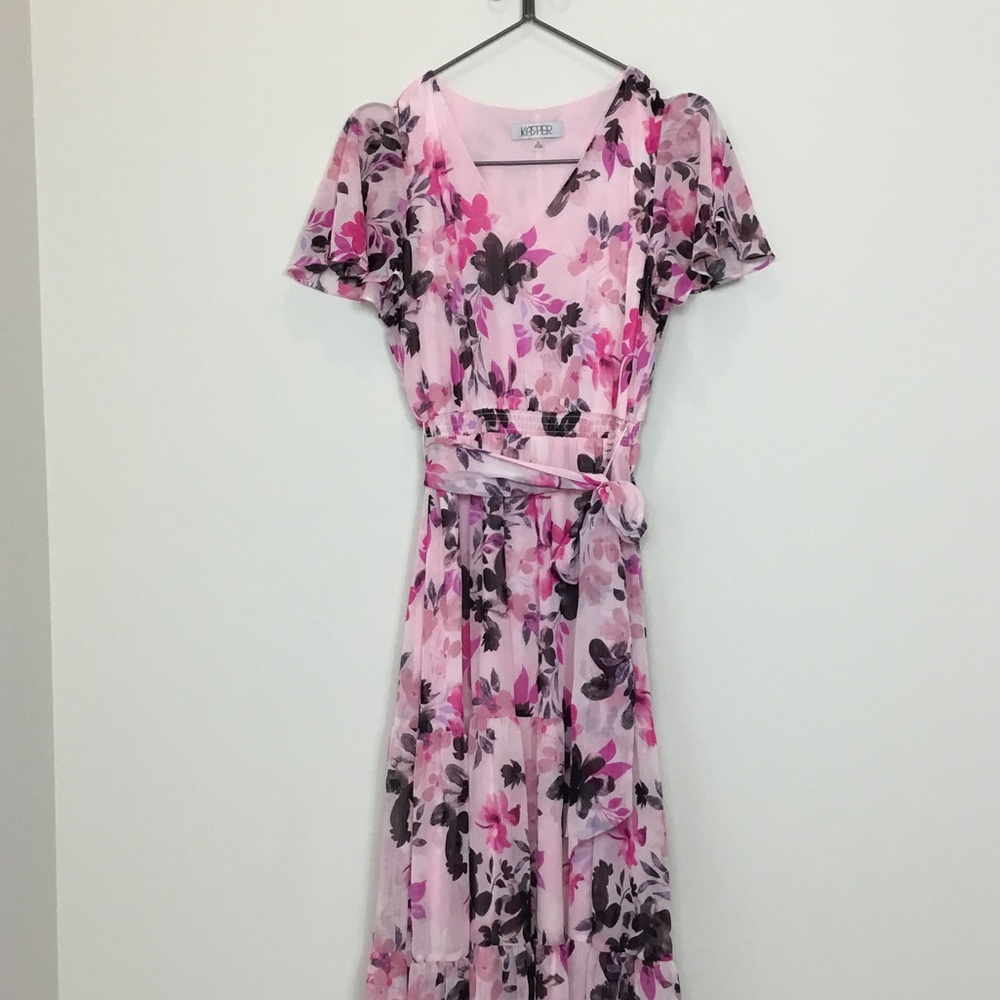 Kasper Pink and Black Floral Tie-Waist Maxi Dress size medium